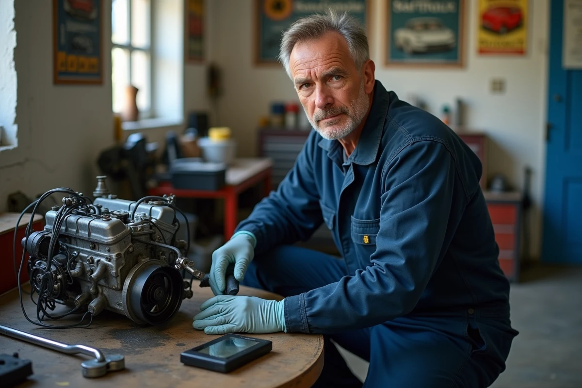 Mécanicien inspectant un moteur diesel Renault 1.5 dCi dans un garage français