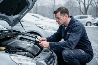 Mécanicien diagnostiquant un défaut P1351 sur moteur 1.6 HDI Peugeot par temps froid hivernal