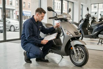 Mécanicien évaluant la cote d'un scooter gris dans une concession, avec fiche d'estimation en main