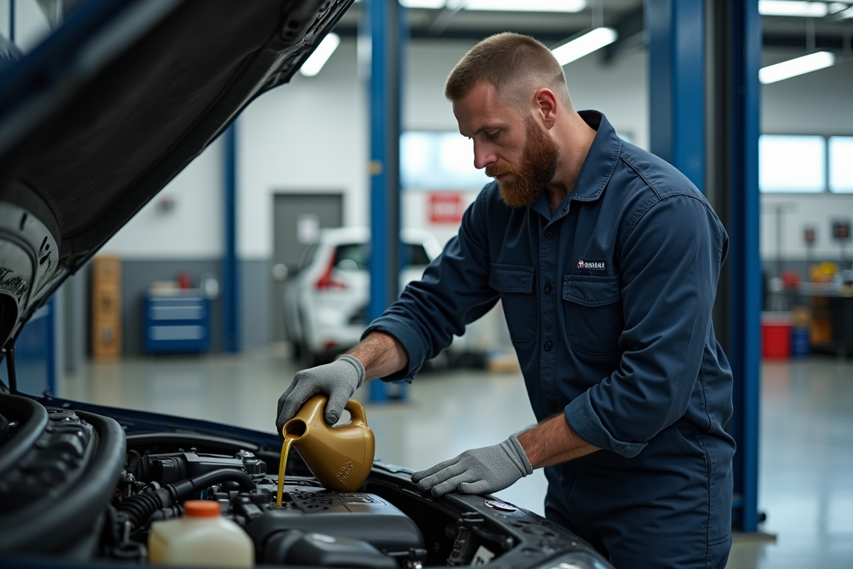 Mécanicien homme en overalls verse de l'huile moteur