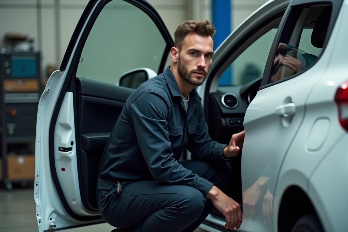 Mécanicien inspectant les voyants allumés sur le tableau de bord d'une Peugeot 208 blanche dans un garage automobile