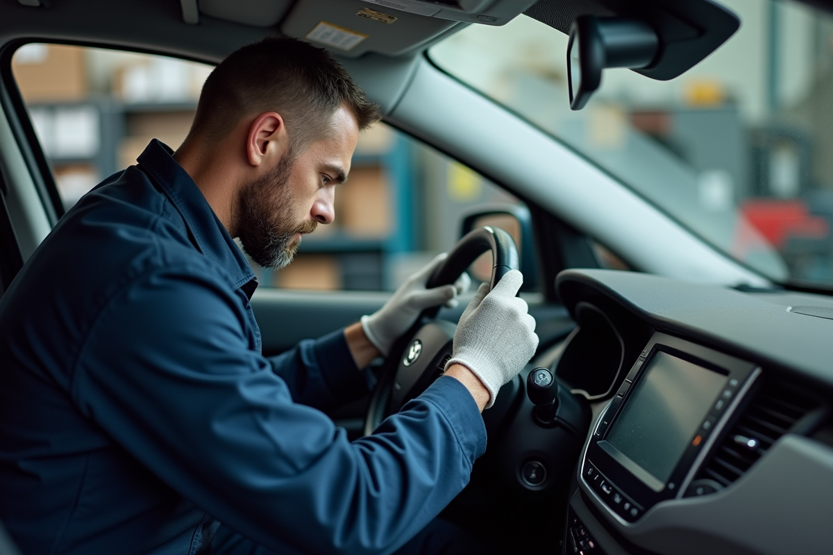 Mécanicien homme installant un système de navigation dans une voiture