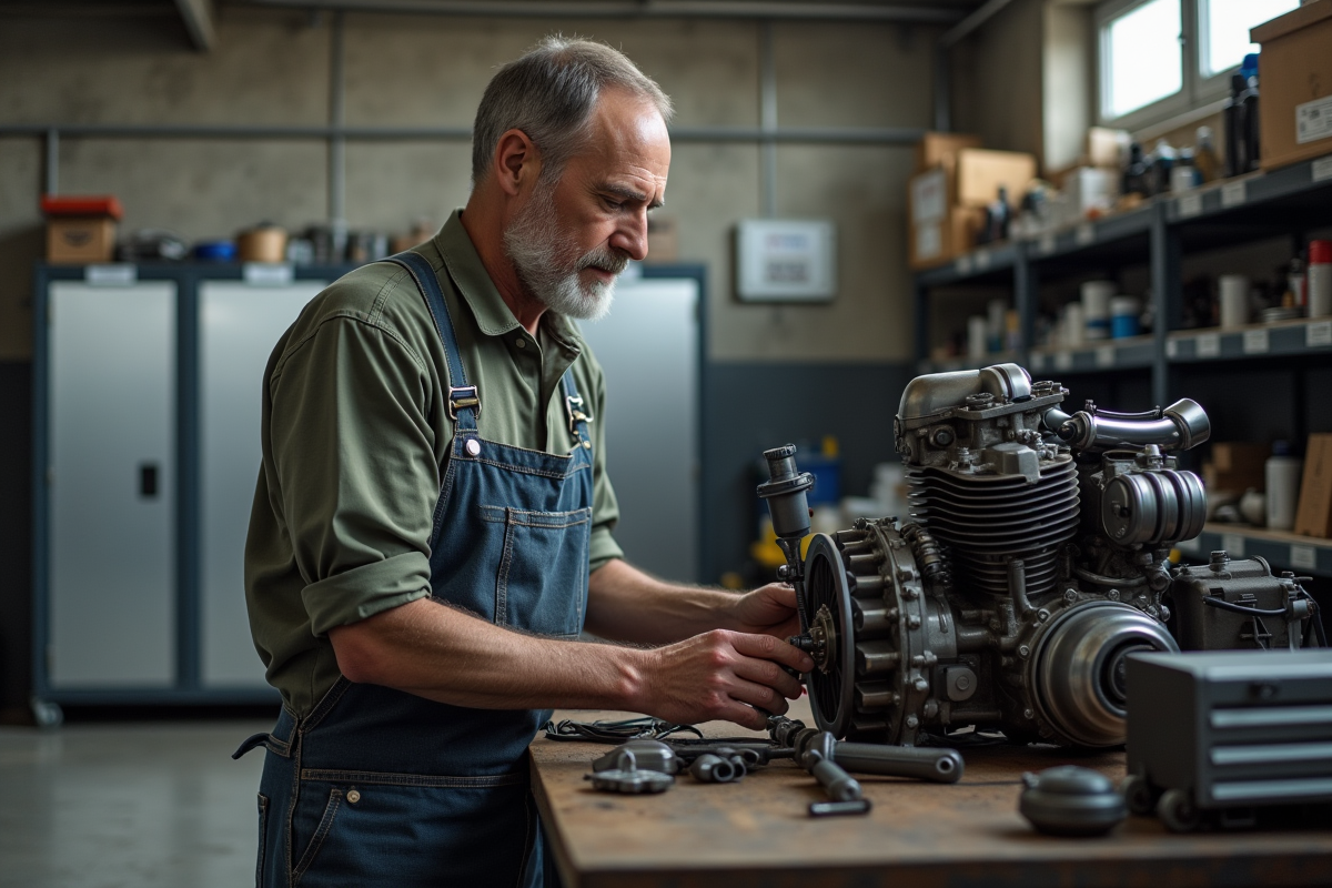 Mécanicien moto homme inspectant un moteur en atelier