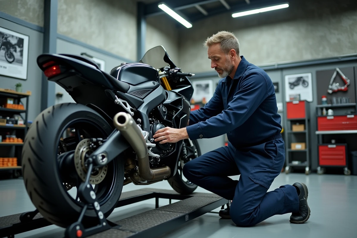 Mécanicien moto en garage professionnel examinant une sportive