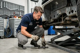 Mécanicien de course inspectant la suspension d'une voiture de série en préparation dans un atelier Mikado Racing