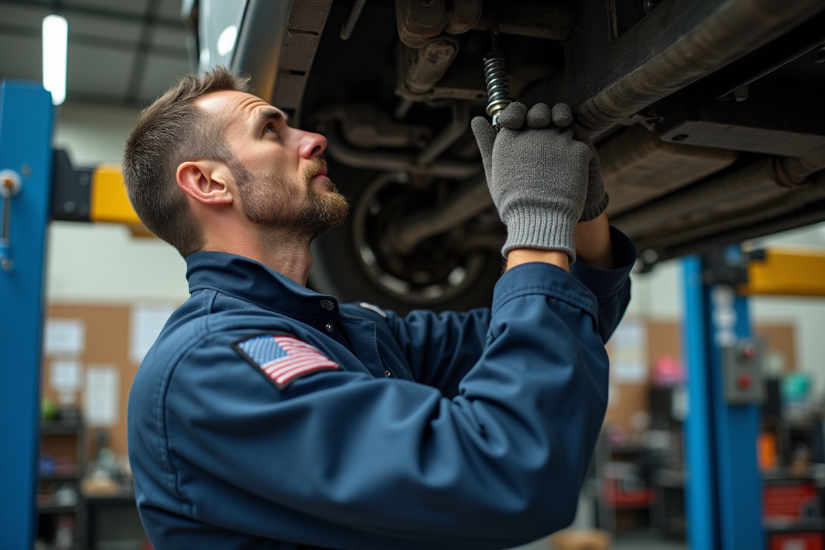 Mécanicien en uniforme réparant un SUV sur pont élévateur dans un atelier