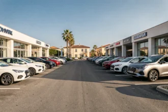 Vue panoramique d'une avenue de concessionnaires automobiles dans le Var avec plusieurs voitures neuves exposées en plein air