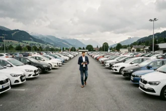 Vaste parking de voitures d'occasion en Isère avec des rangées de véhicules propres et un vendeur en veste marine tenant une tablette