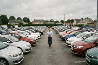 Vue large d'un parking de vendeurs de voitures d'occasion dans l'Oise avec plusieurs véhicules alignés et un vendeur professionnel