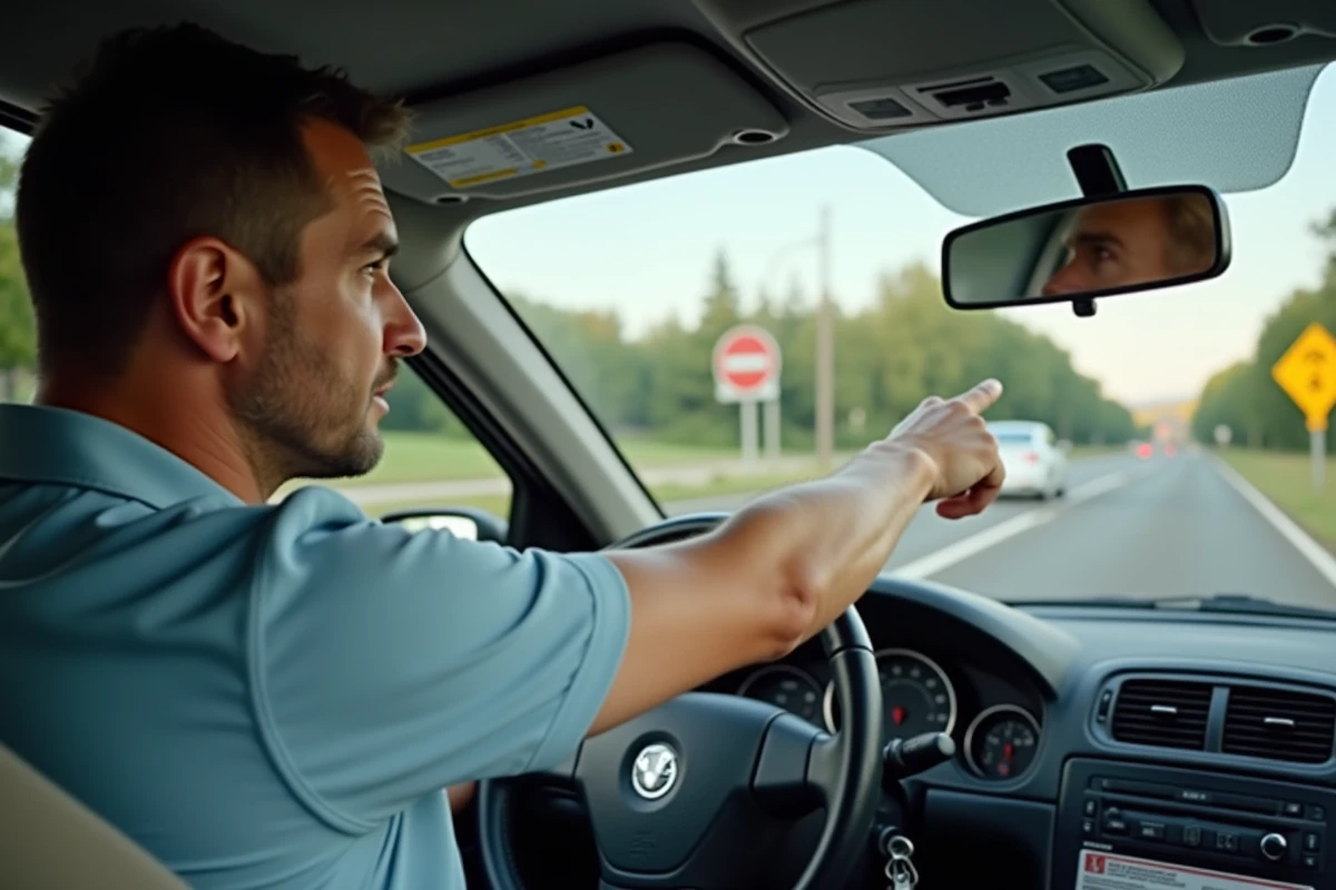 Moniteur d'auto-école expliquant la priorité à droite et la route prioritaire à un élève conducteur devant une intersection