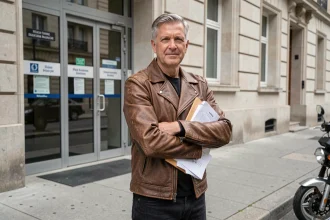 Motard tenant un dossier administratif devant un bureau officiel pour contester le contrôle technique moto