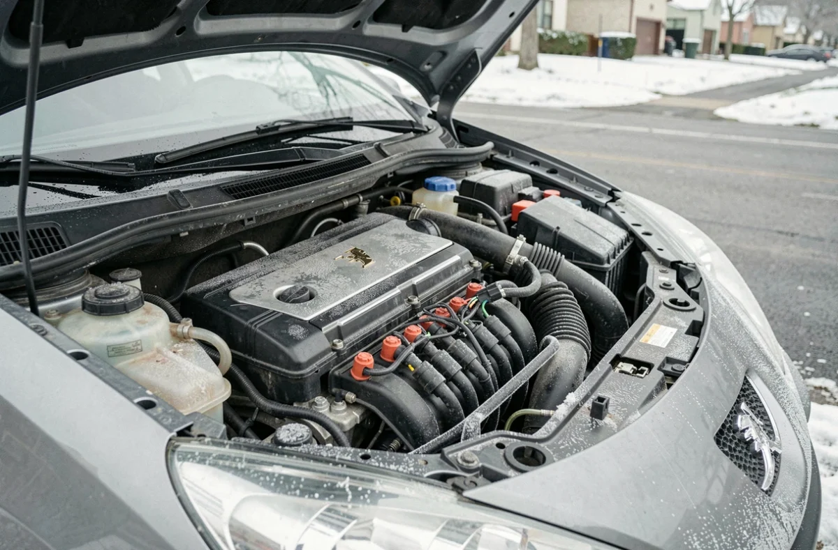 Compartiment moteur diesel 1.6 HDI Peugeot ouvert en hiver avec condensation sur les connecteurs d'injecteurs