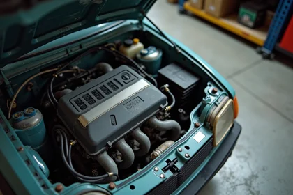 Moteur 1.5 dCi Renault en gros plan dans un atelier de mécanique indépendant