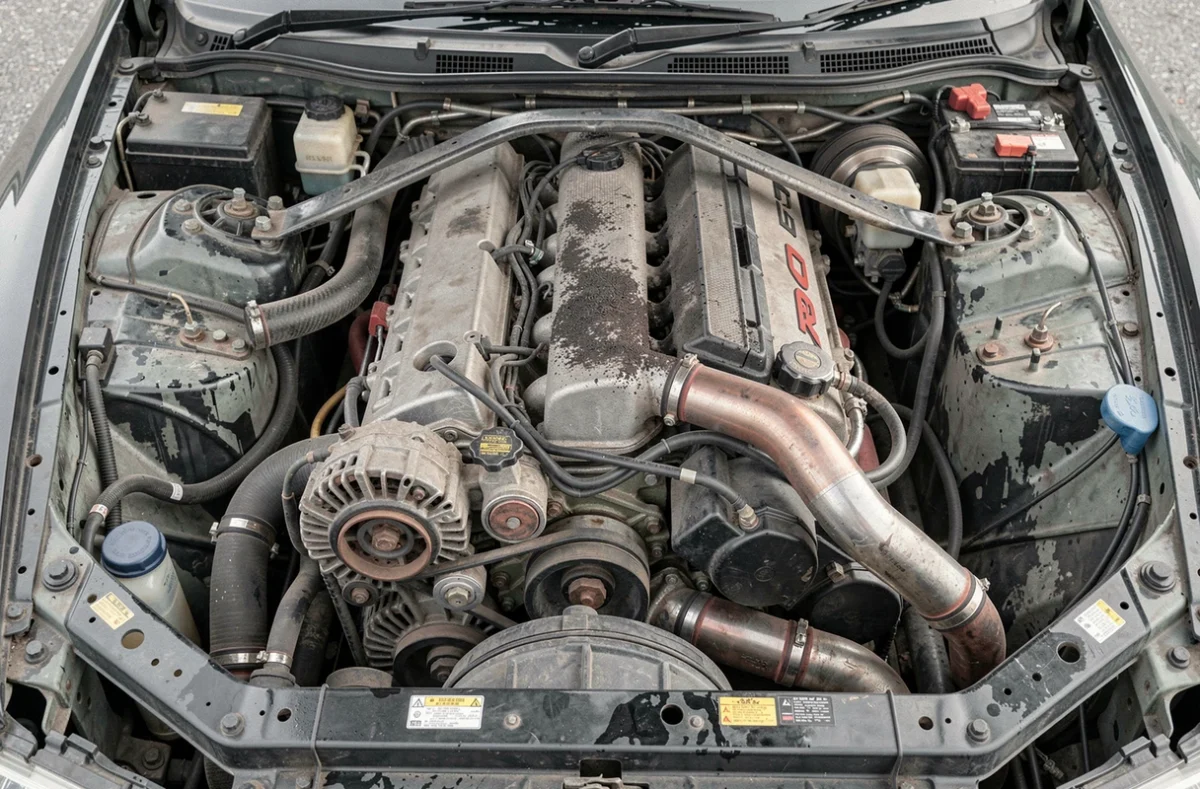 Moteur RB26DETT de la Nissan Skyline GT-R R34 avec turbocompresseurs jumeaux et détails d'usure authentiques