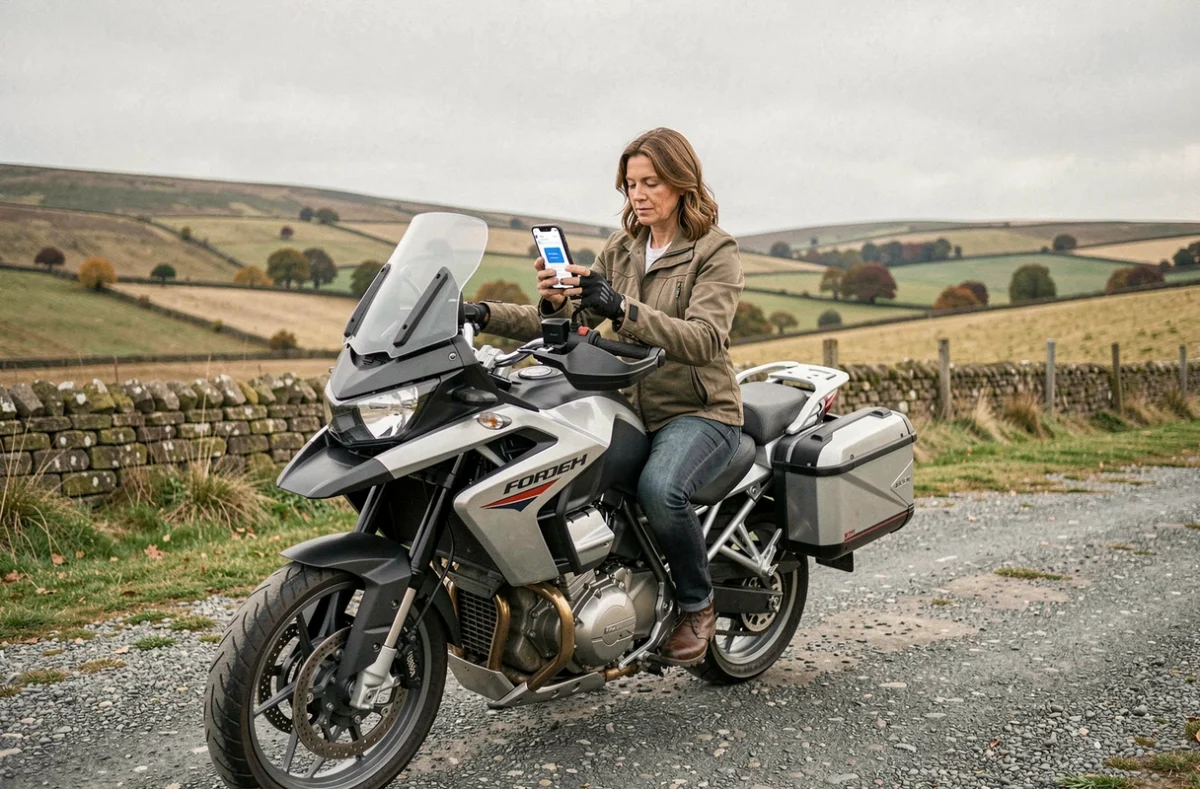 Femme motarde sur une moto routière adventure consultant une comparaison d'assurance moto sur smartphone à la campagne