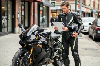 Motard avec une moto sportive haute performance consultant un document d'assurance en milieu urbain