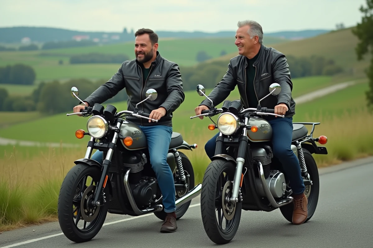 Motard en blouson vintage à côté de motos en campagne