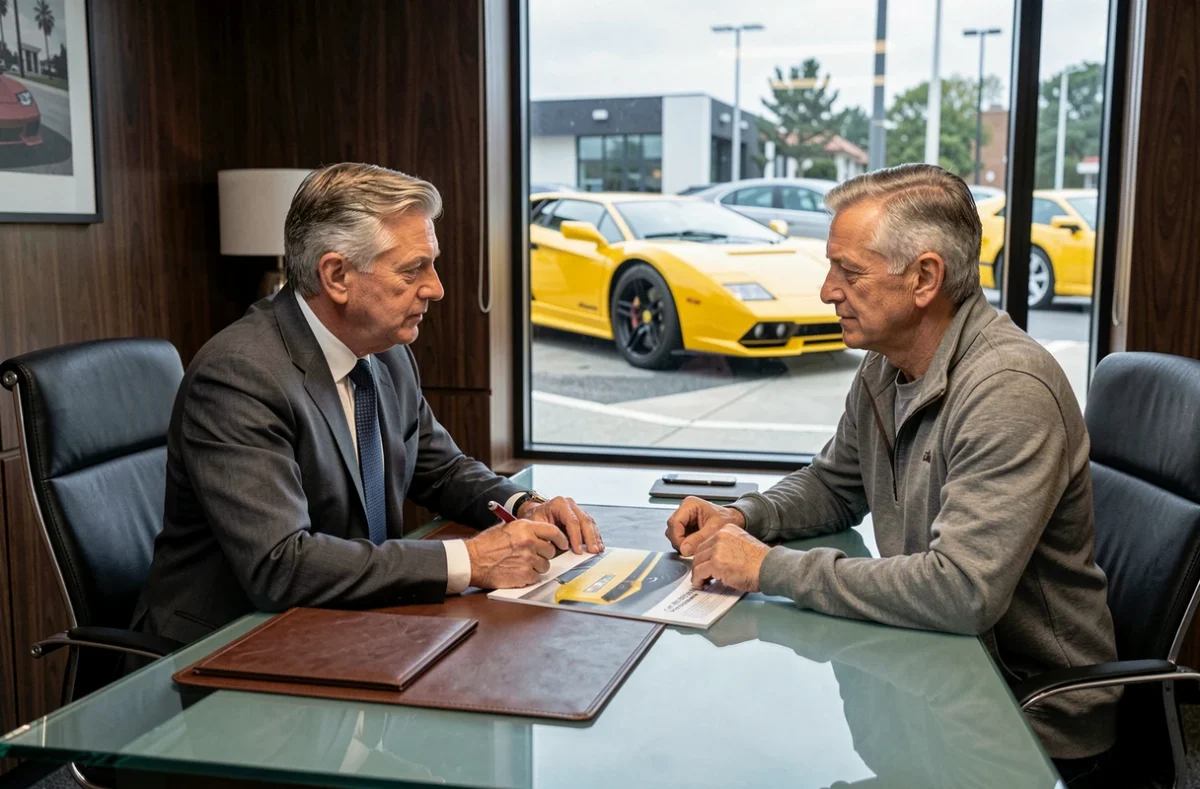 Deux hommes en négociation pour l'achat d'une Lamborghini Countach jaune dans le bureau privé d'un concessionnaire