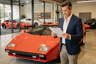 Homme en costume négociant le prix d'une Lamborghini Countach rouge dans une concession automobile de luxe