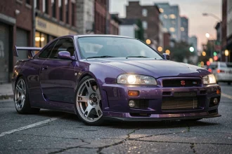 Nissan Skyline GT-R R34 en violet métallique garé dans une rue urbaine avec des détails authentiques de carrosserie