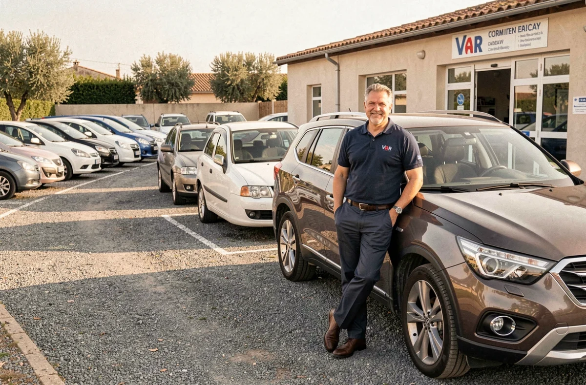 Responsable commercial d'OM Automobiles appuyé sur un SUV d'occasion dans le parc extérieur du concessionnaire