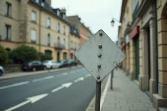 Panneau route à caractère prioritaire en losange jaune et blanc planté sur un poteau métallique à une intersection de rue française typique