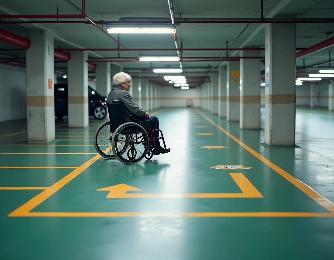 Parking souterrain avec place PMR accessible en fauteuil roulant et dimensions réglementaires au sol