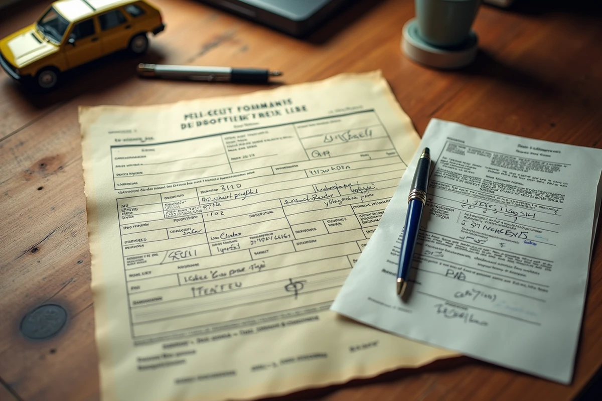 Carte grise et documents administratifs d'une Peugeot 306 Maxi posés sur un bureau en bois, accompagnés de notes d'achat manuscrites