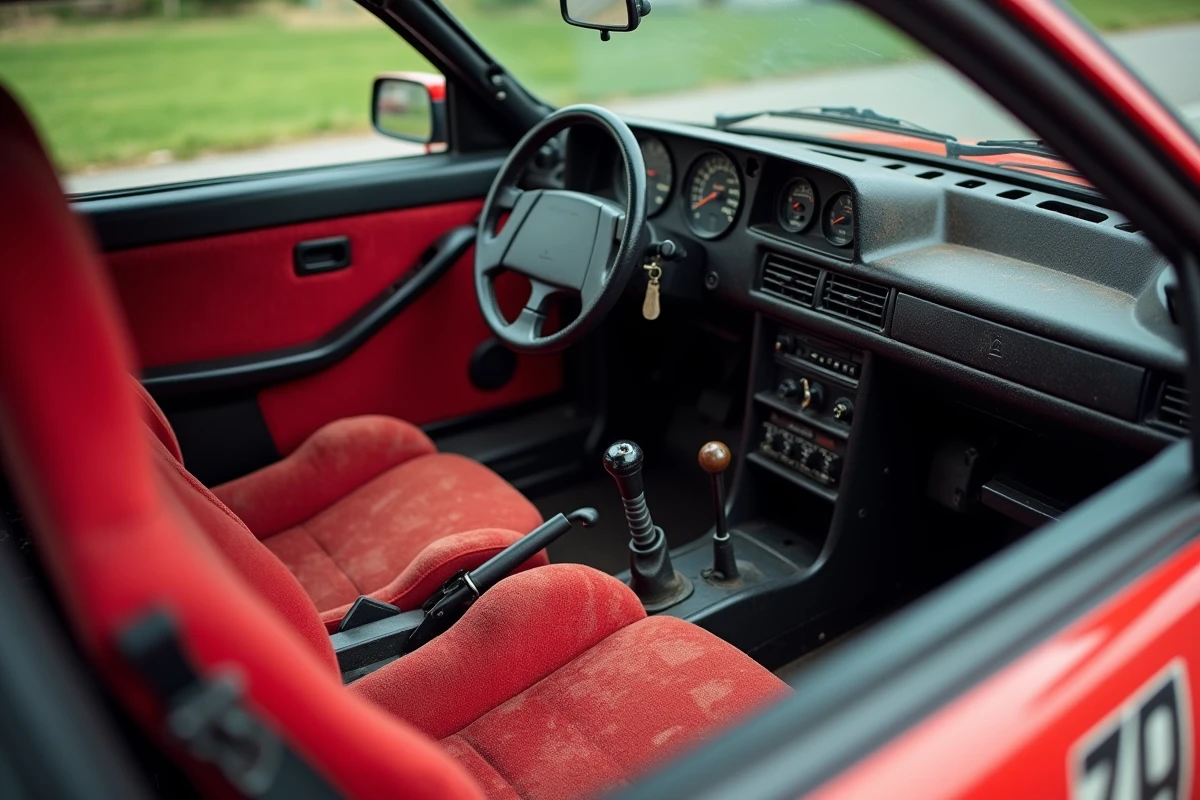 Intérieur authentique d'une Peugeot 306 Maxi avec arceau de sécurité, siège baquet et tableau de bord d'origine