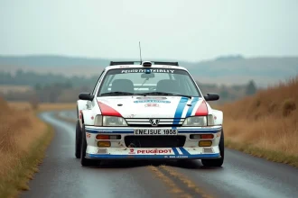 Peugeot 306 Maxi sur route de campagne française, livrée blanche avec décalcomanies bleues et rouges, largeurs de carrosserie authentiques