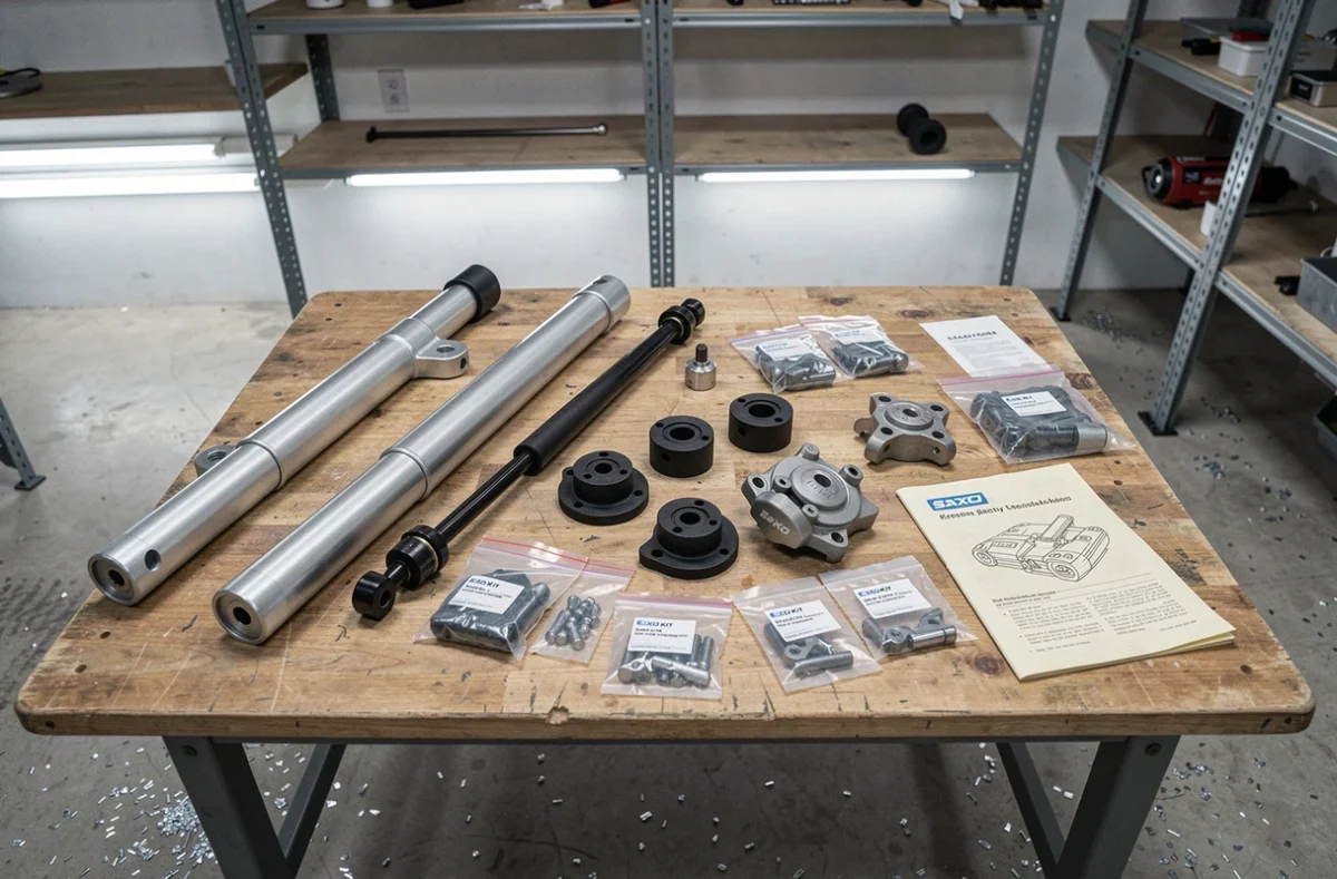 Pièces détachées d'un kit car Saxo déballées et organisées sur un établi d'atelier pour débutant