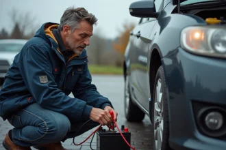 Homme connectant des pinces de démarrage rouge et noire sur la batterie d'une voiture en stationnement