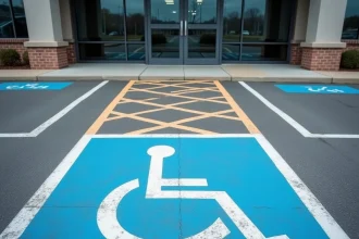Place de parking PMR avec marquage au sol bleu et blanc et accès handicapé à un bâtiment commercial