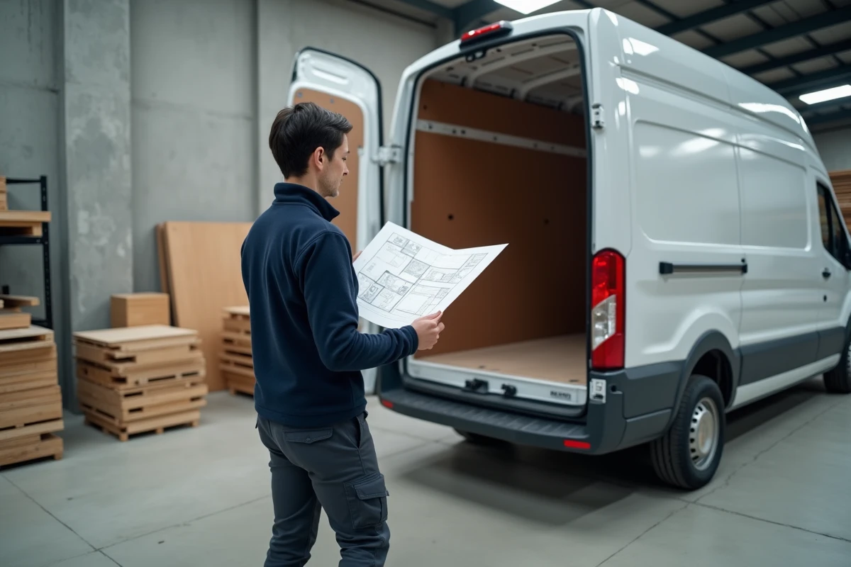Femme comparant un plan d'aménagement à l'espace cargo d'un van L2H2 dans un entrepôt industriel