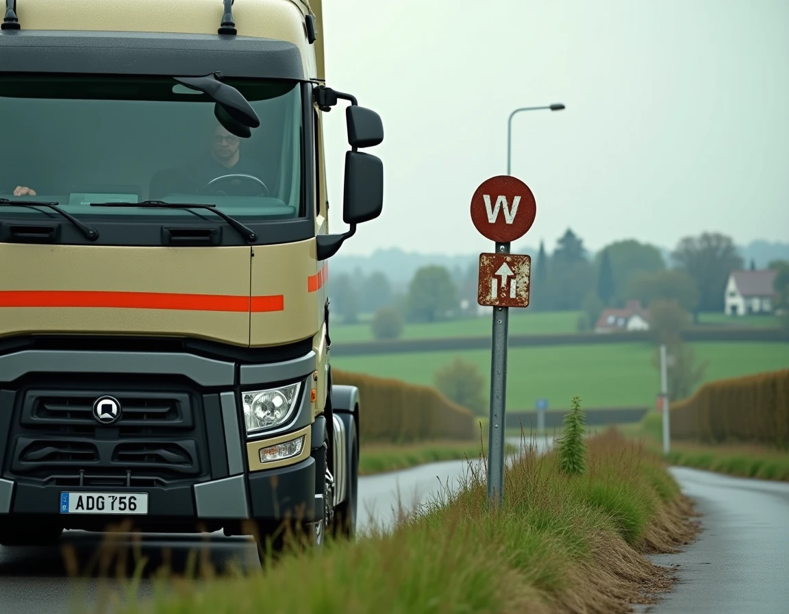 Poids lourd arrêté près d'un panneau de restriction de tonnage sur une route départementale française