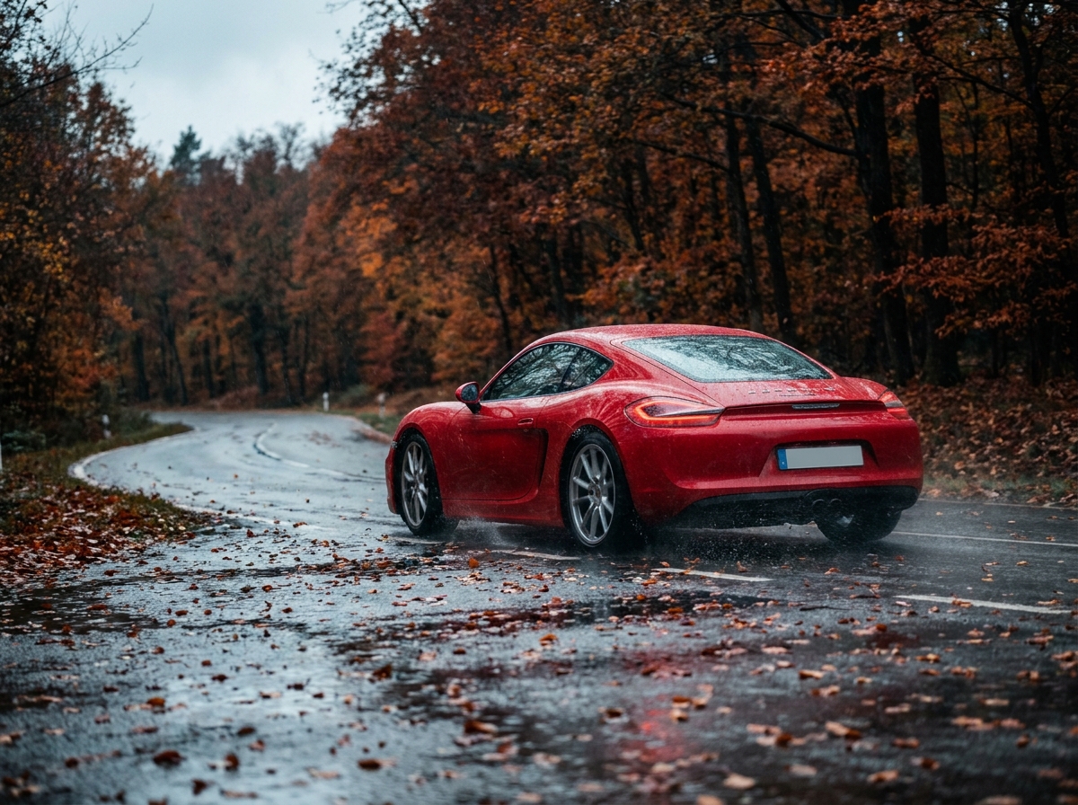 Porsche Cayman rouge en conduite dynamique sur une route de campagne mouillée en automne