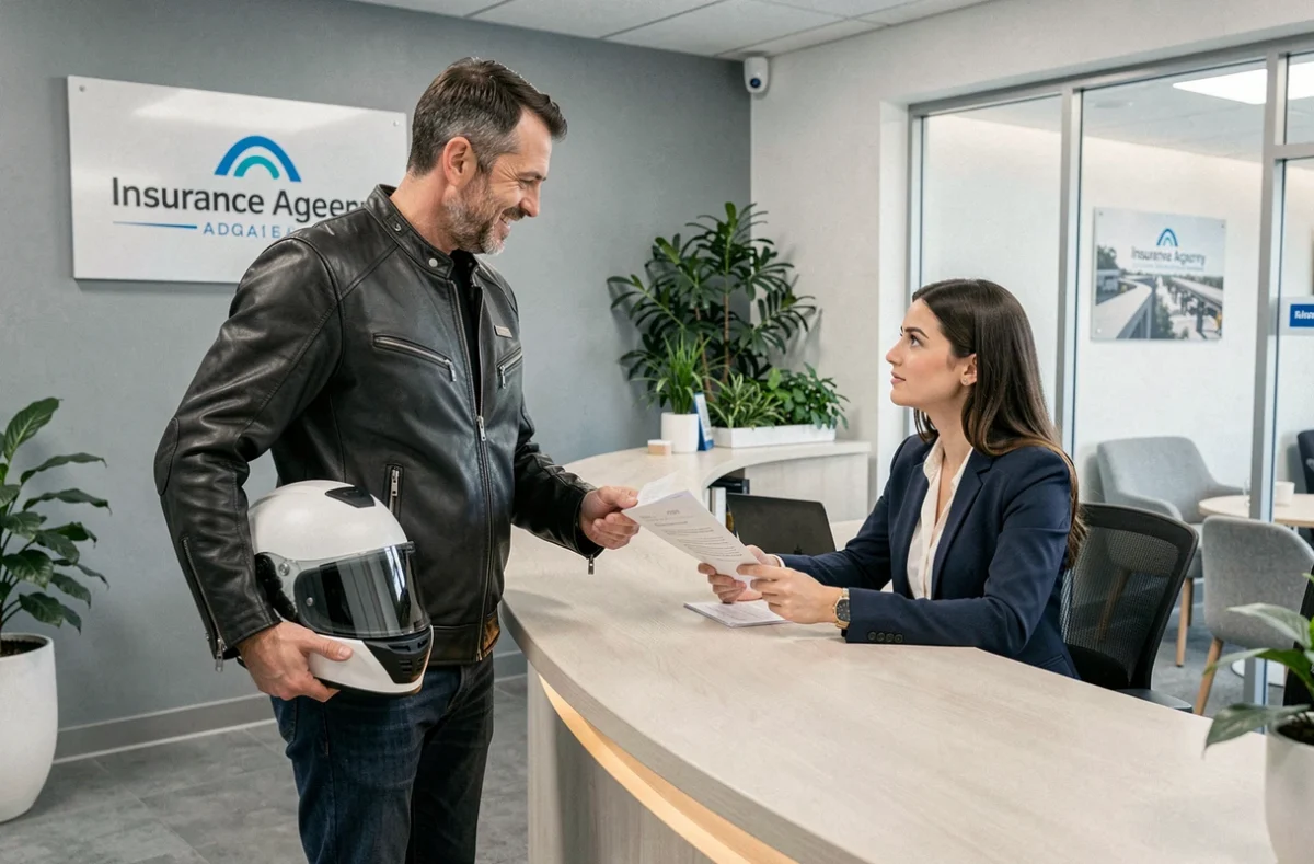 Propriétaire de scooter remettant ses documents à un conseiller en agence d'assurance