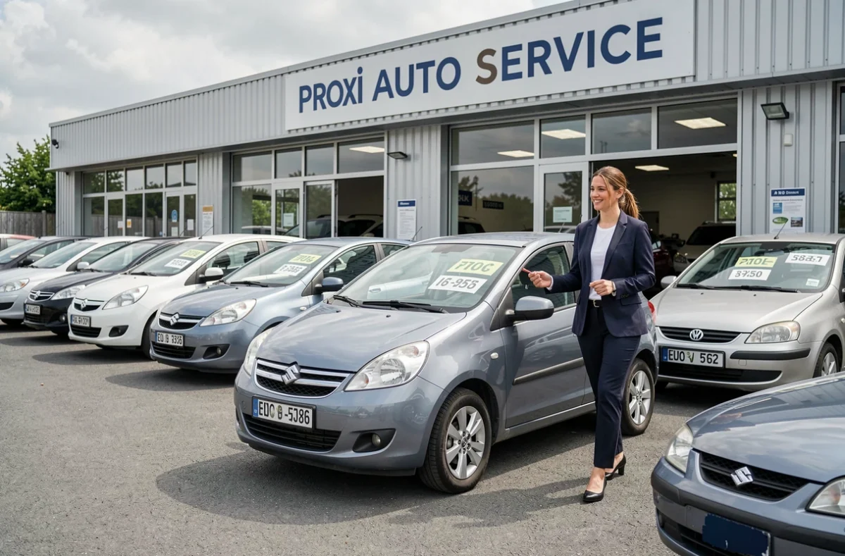 Forecourt de Proxi Auto Service avec une conseillère en vente et un client examinant une voiture d'occasion dans l'Oise