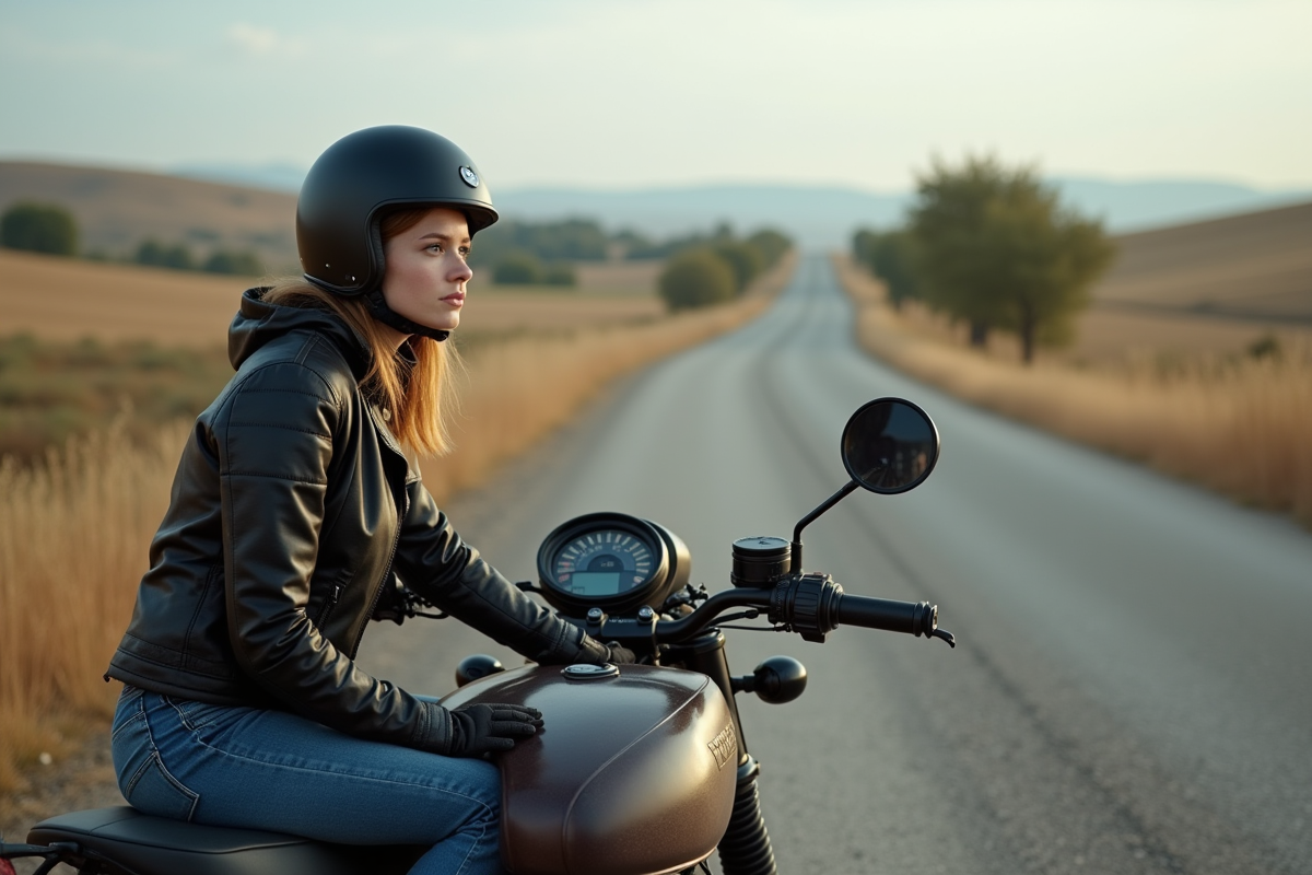 Jeune femme motarde assise à côté de sa moto en campagne