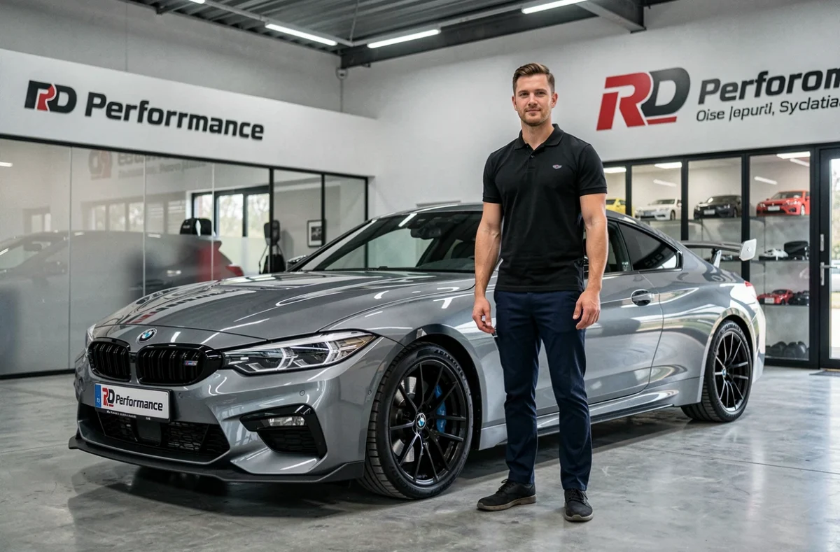 Spécialiste de RD Performance posant à côté d'un coupé sportif d'occasion dans le showroom moderne de l'Oise
