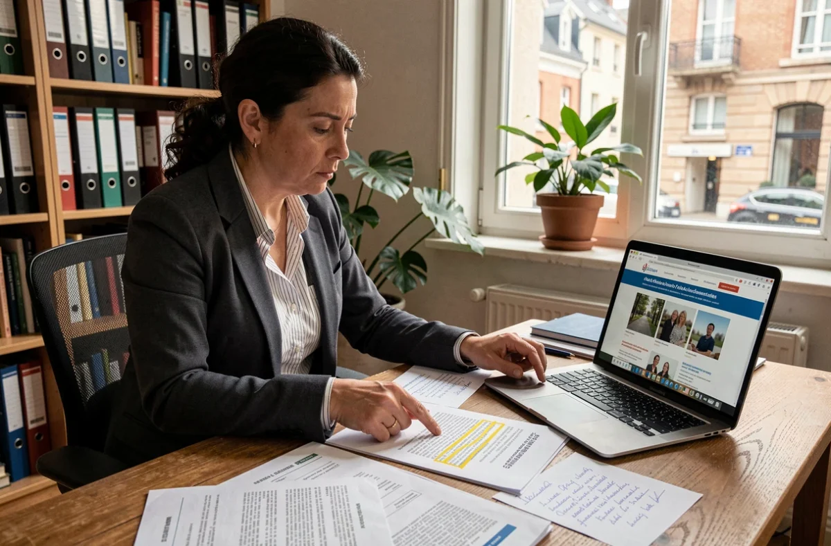 Femme motarde préparant un recours administratif contre le contrôle technique moto avec des documents réglementaires