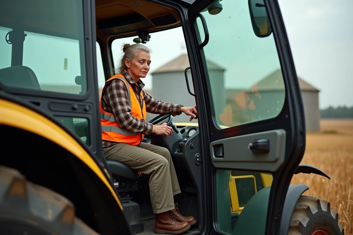 Femme agricultrice réglant un siège ergonomique de tracteur dans une cour de ferme pendant la récolte