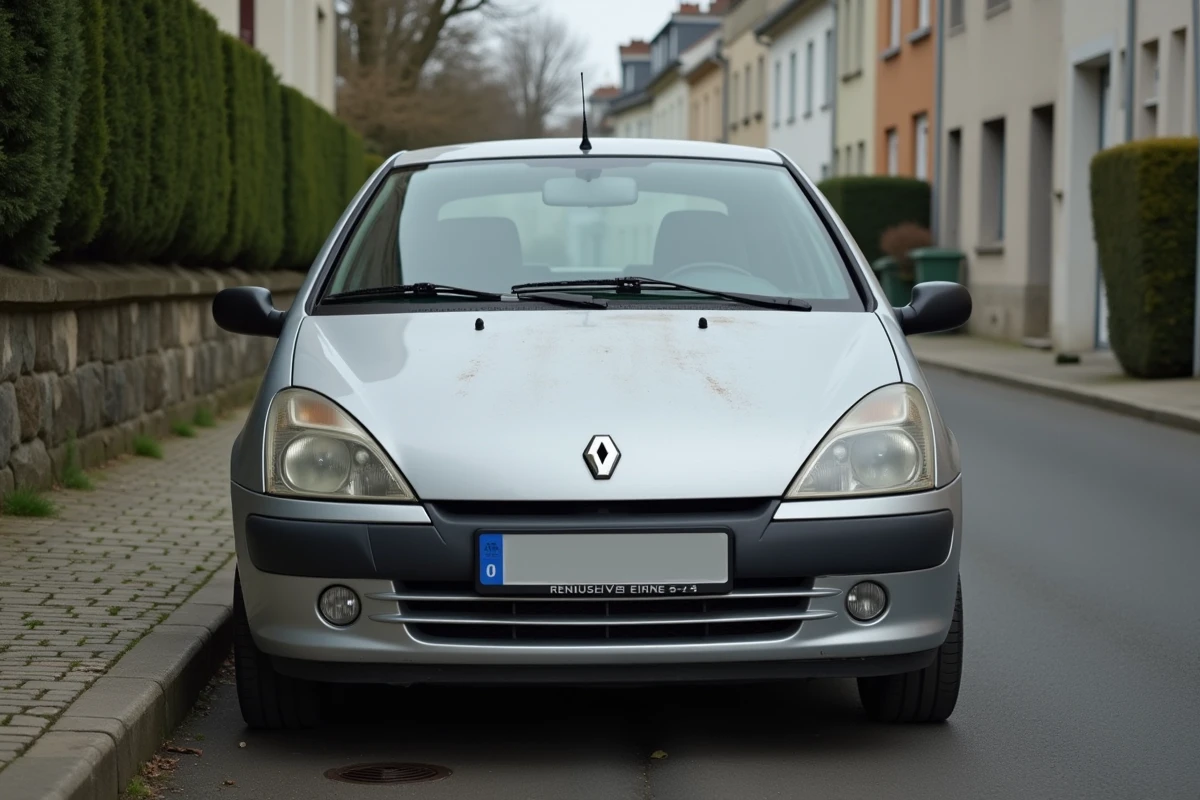 Renault Clio d'occasion à haut kilométrage dans une rue résidentielle française
