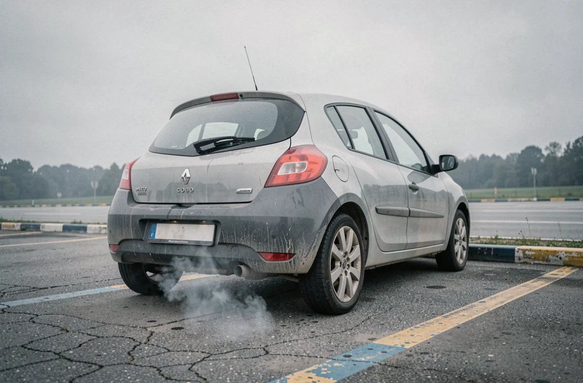 Renault diesel garée au bord de la route avec régénération active du filtre à particules FAP visible à l'échappement