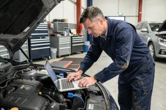 Technicien automobile connectant un câble OBD2 à l'ECU d'une voiture lors d'une séance de reprogrammation moteur en atelier