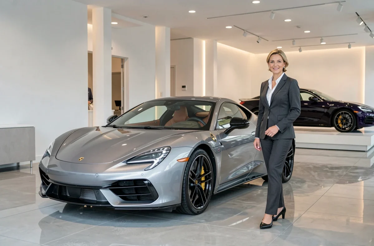 Showroom luxueux de RS Prestige avec une conseillère devant une voiture de sport haut de gamme
