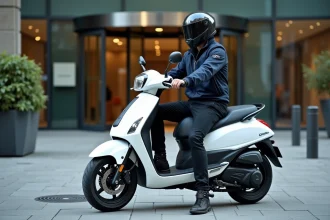 Homme en tenue de travail sur un scooter 125cc blanc devant un immeuble de bureaux en ville