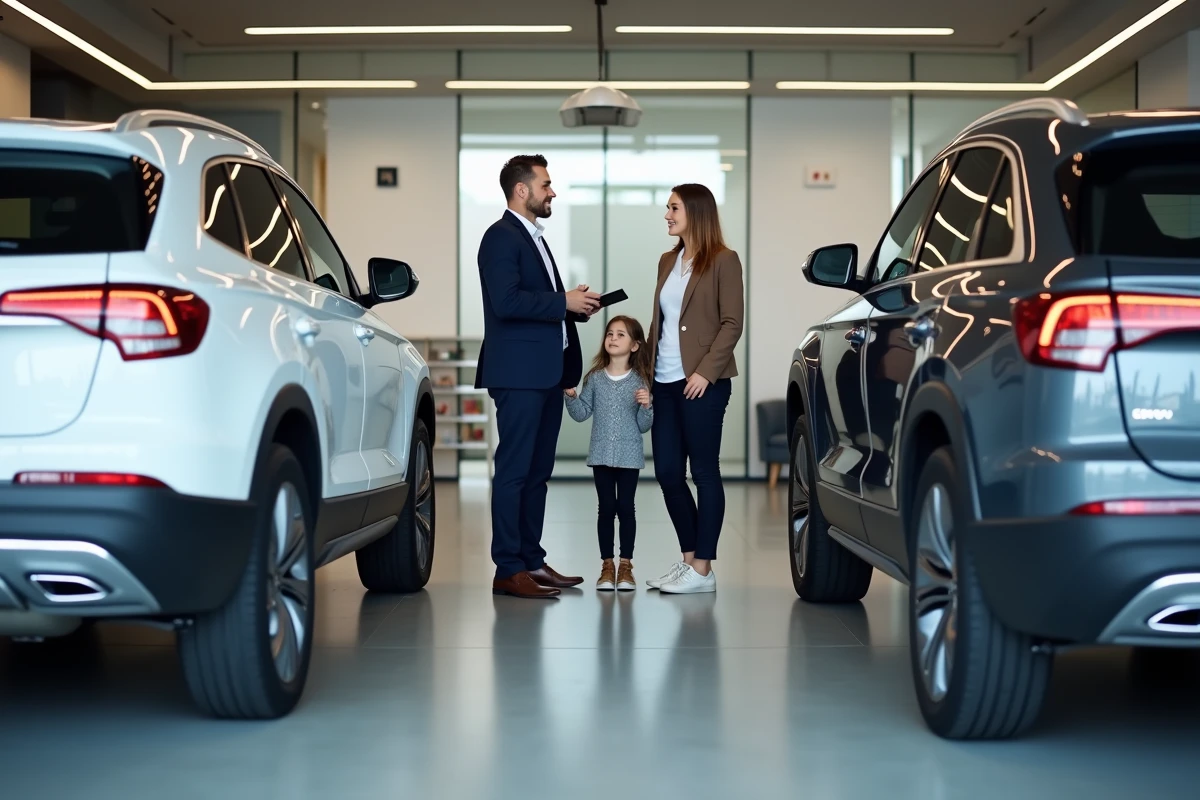 Conseiller commercial présentant deux SUV familiaux d'une marque en V à un couple dans un showroom automobile moderne au sol en béton poli