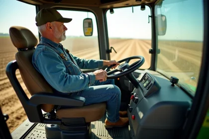 Agriculteur assis sur un siège ergonomique de tracteur avec soutien lombaire dans une cabine agricole moderne