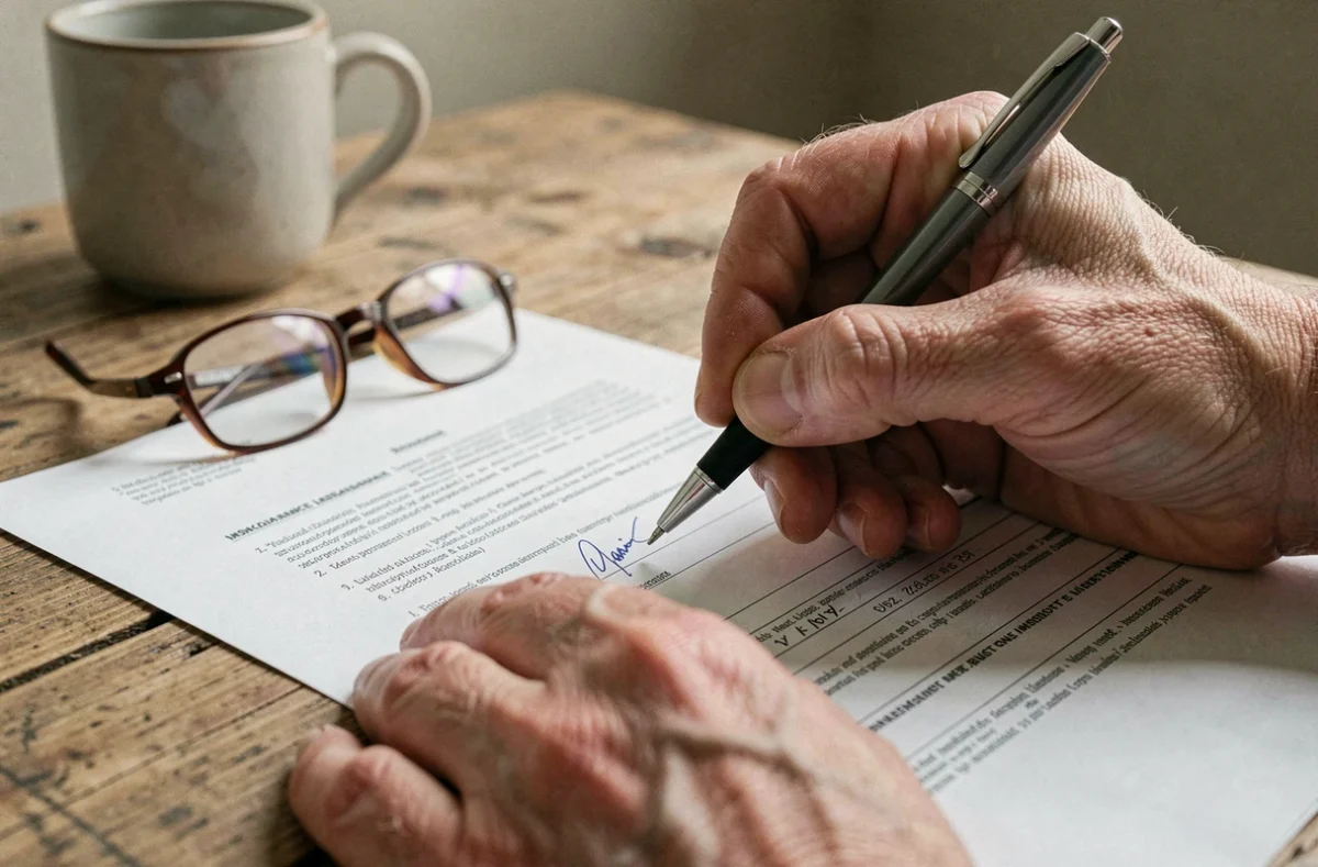 Mains tenant un stylo au-dessus d'un contrat d'assurance VSP avant la signature, symbolisant la vérification des clauses